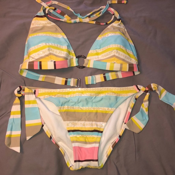 HotKiss Multi-colored Striped Halter Bikini Set - Picture 1 of 5